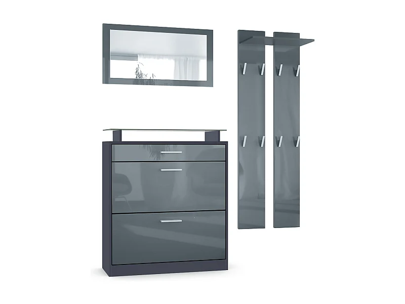 Loret Ensemble penderie, meuble à chaussures 89 x 104 x 23 cm avec miroir, 2 panneaux murales, Anthracite mat & Gris haute brillance