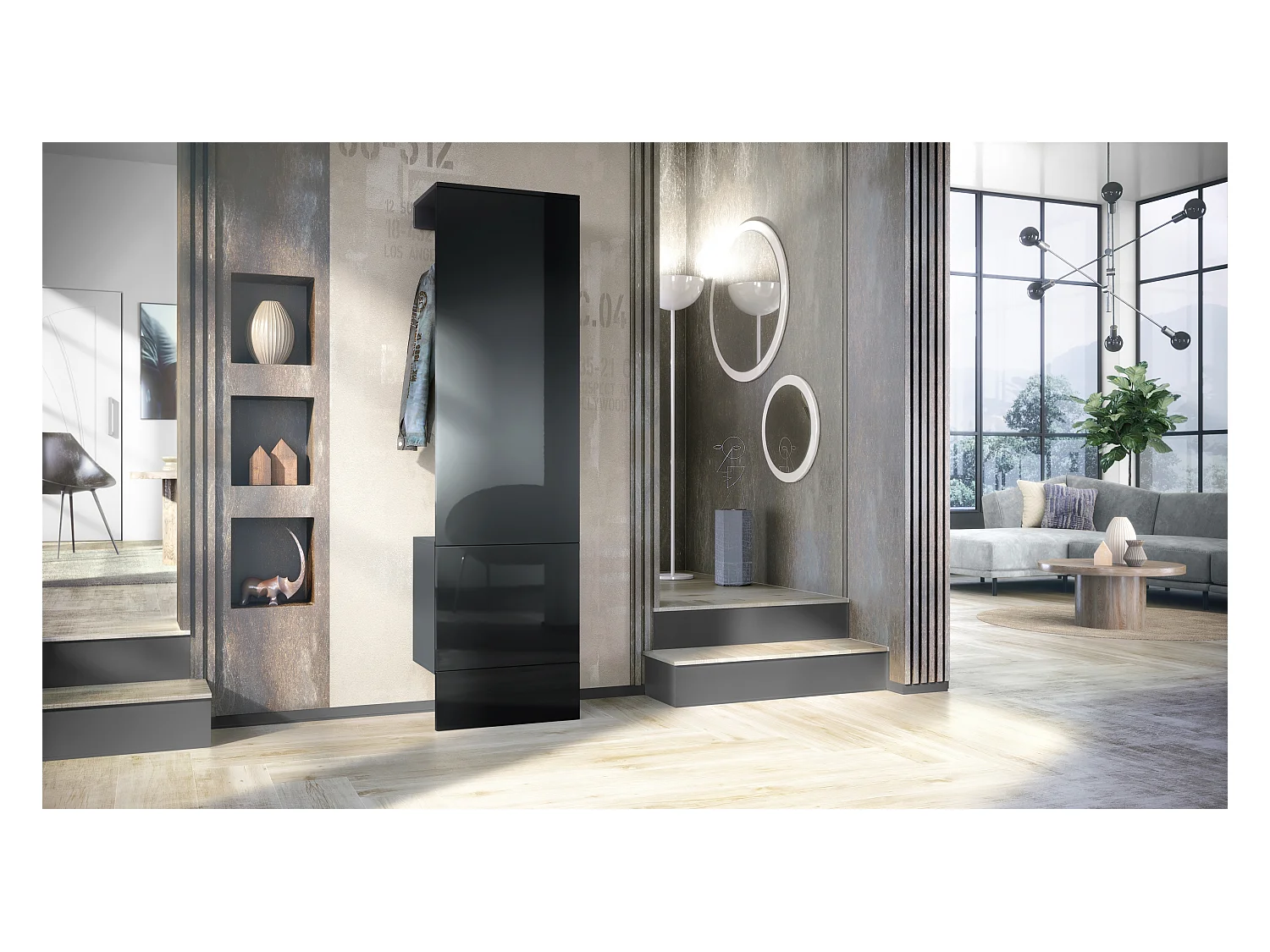 Penderie Carlton Set 5, Meuble d’entrée comprenant 1 panneau porte-manteau avec porte intégrée et 1 tringle, anthracite mat/noir brillant (52 x 193 x 35 cm)