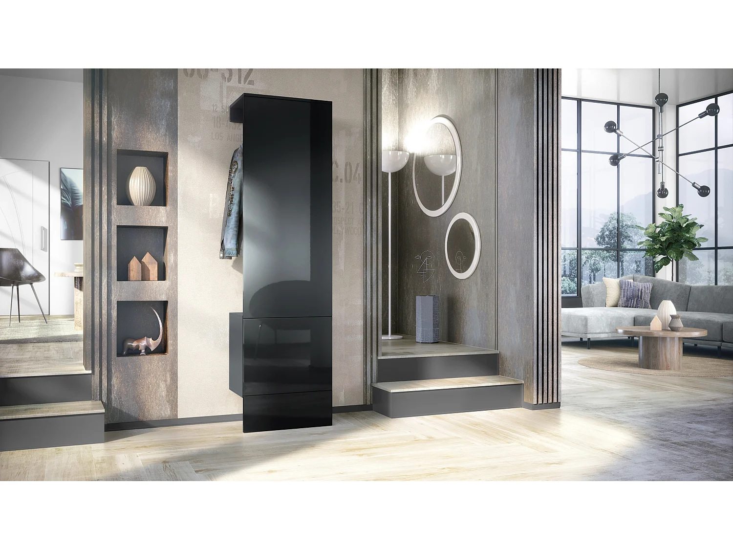 Penderie Carlton Set 5, Meuble d’entrée comprenant 1 panneau porte-manteau avec porte intégrée et 1 tringle, anthracite mat/noir brillant (52 x 193 x 35 cm)