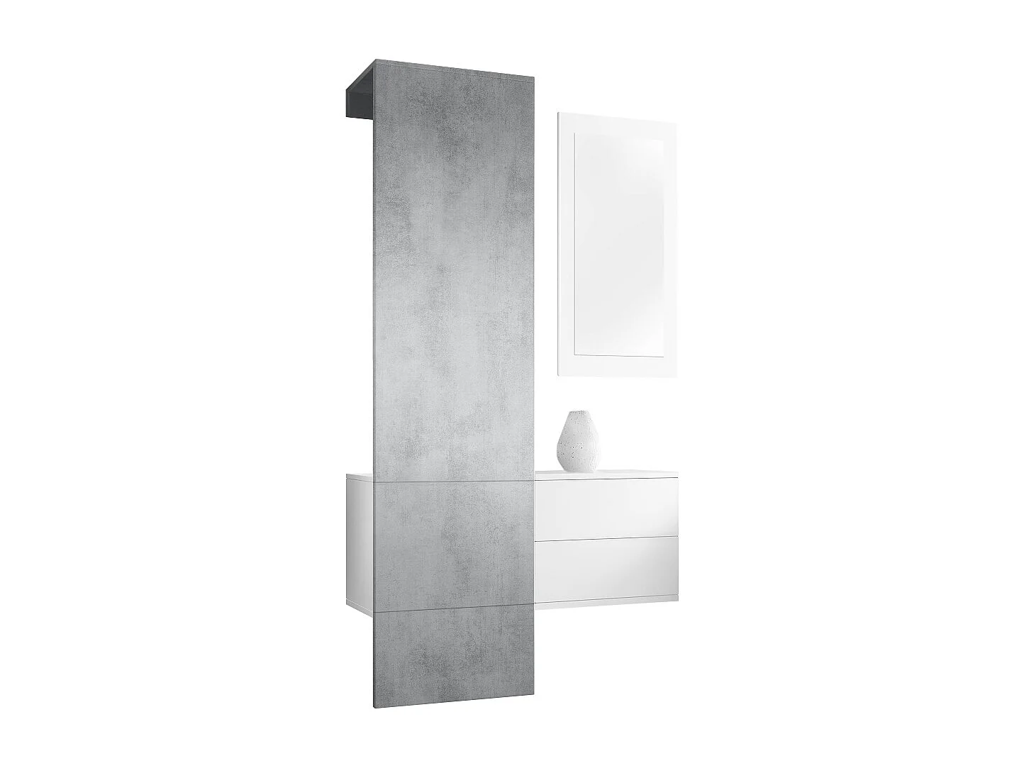 Penderie Carlton Set 2, Meuble d’entrée comprenant 1 panneau porte-manteau, 1 tiroir et 1 miroir mural, Blanc mat/aspect béton oxyde (105 x 193 x 35 cm)