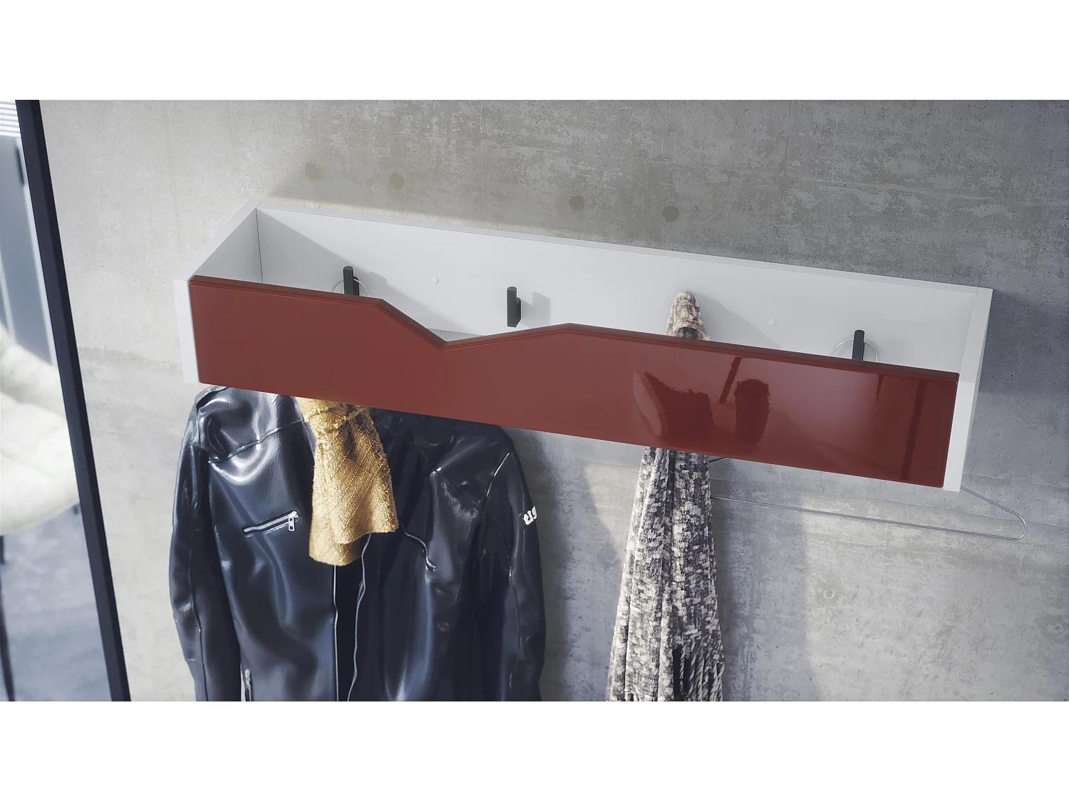 Perchero gancho de pared panel para colgar ropa Kolmio, cuerpo en blanco mate, frente en burdeos de alto brillo 83,5 x 12,5 x 21 cm