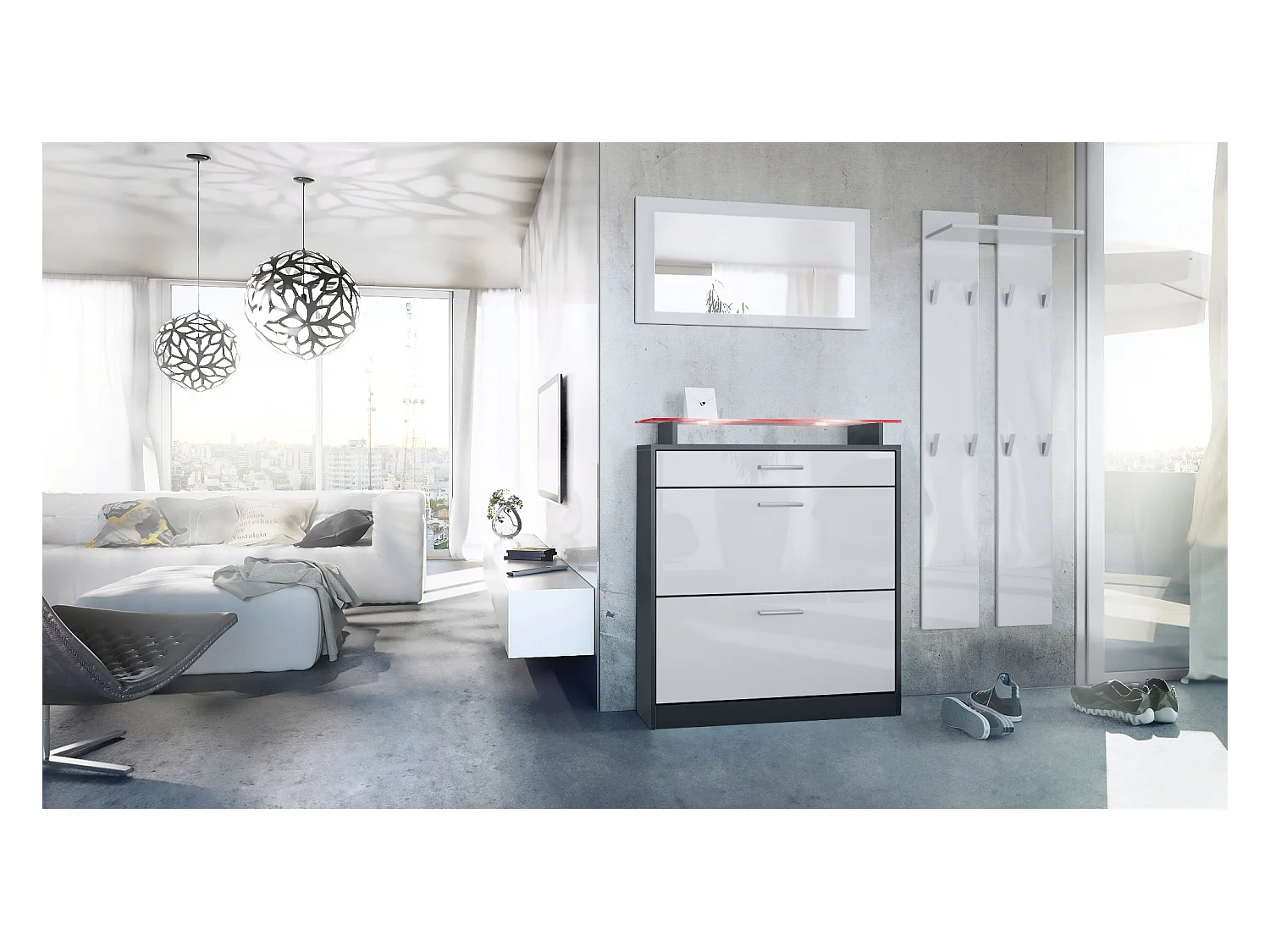 Loret Ensemble penderie, meuble à chaussures 89x104x23 cm avec miroir, 2 panneaux murales et éclairage LED, Anthracite mat & Blanc brillant