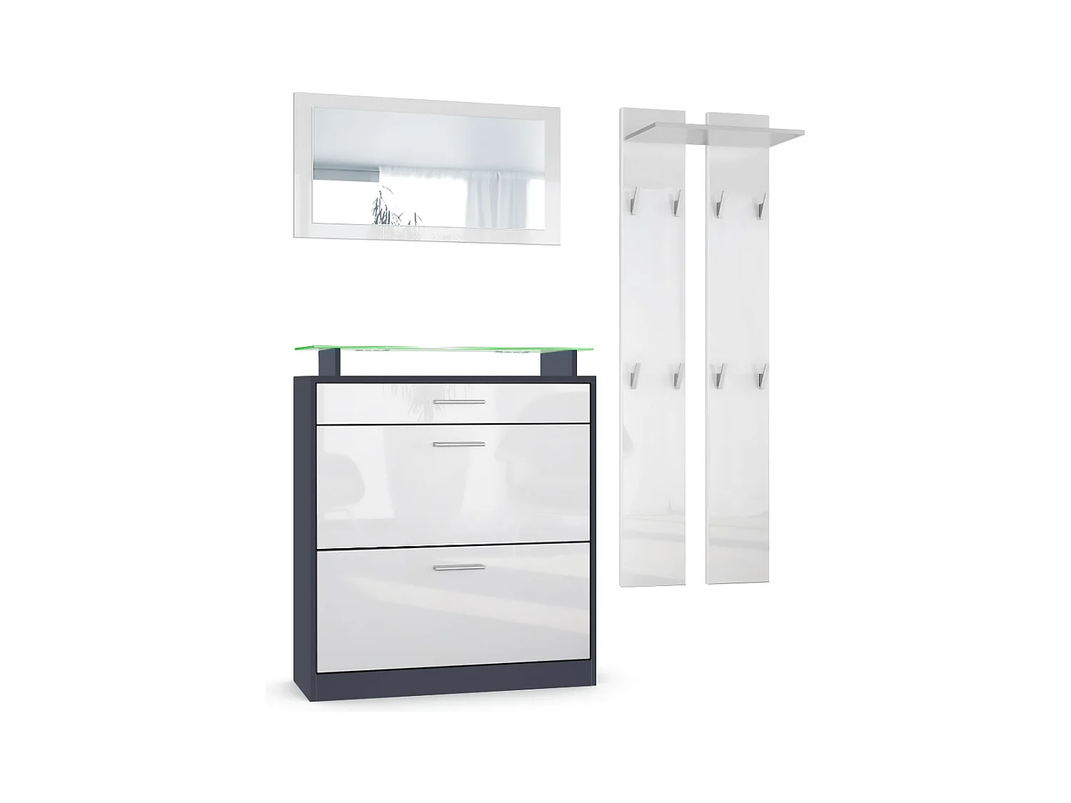 Loret Ensemble penderie, meuble à chaussures 89x104x23 cm avec miroir, 2 panneaux murales et éclairage LED, Anthracite mat & Blanc brillant