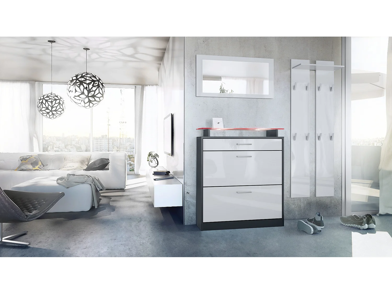 Loret Ensemble penderie, meuble à chaussures 89x104x23 cm avec miroir, 2 panneaux murales et éclairage LED, Anthracite mat & Blanc brillant