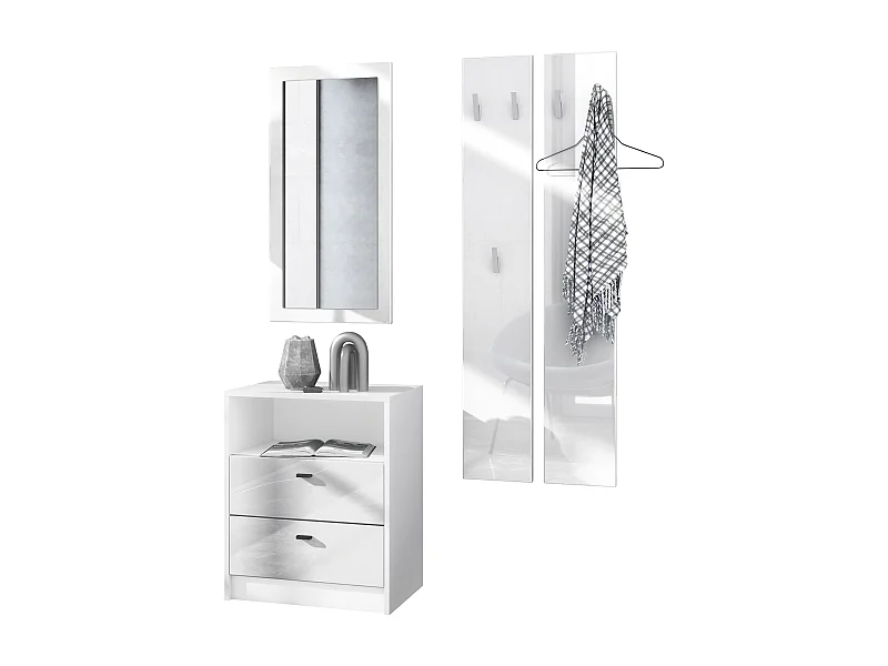Ensemble de vestiaires Pino V1, 2 Panneaux muraux 140 cm et buffet avec 2 tiroirs & 1 compartiment ouvert, blanc mat/Blanc brillant (56 x 67,5 x 36 cm)