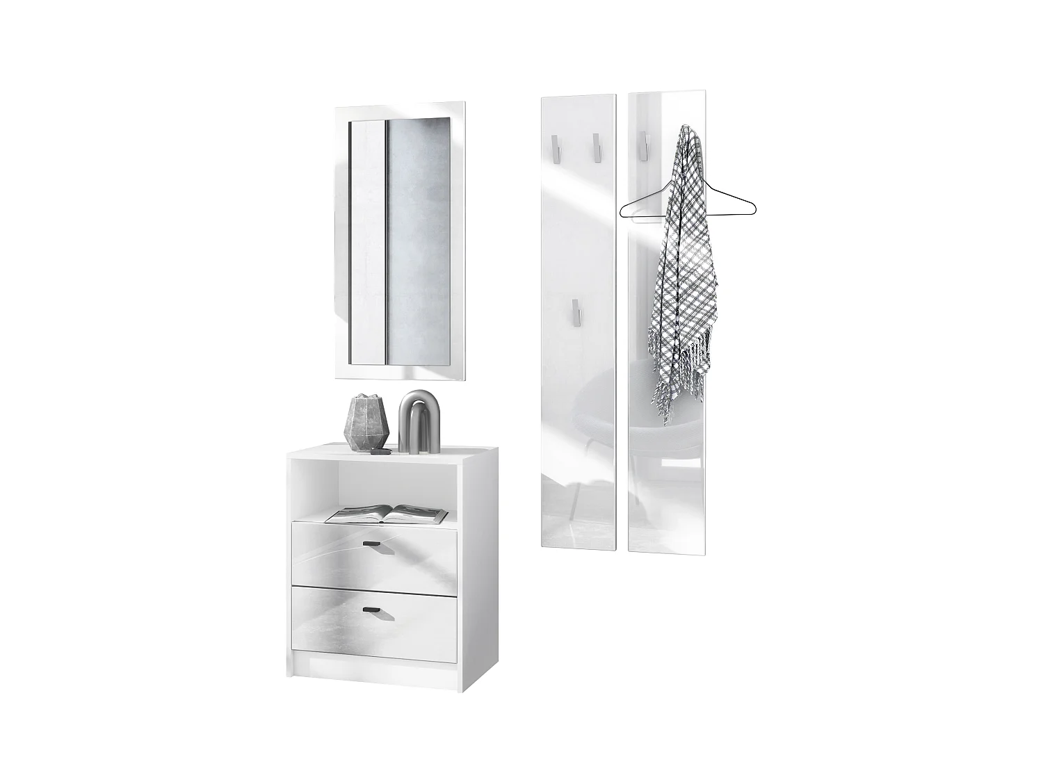 Ensemble de vestiaires Pino V1, 2 Panneaux muraux 140 cm et buffet avec 2 tiroirs & 1 compartiment ouvert, blanc mat/Blanc brillant (56 x 67,5 x 36 cm)