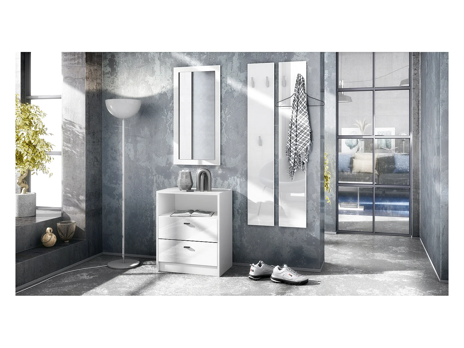 Ensemble de vestiaires Pino V1, 2 Panneaux muraux 140 cm et buffet avec 2 tiroirs & 1 compartiment ouvert, blanc mat/Blanc brillant (56 x 67,5 x 36 cm)