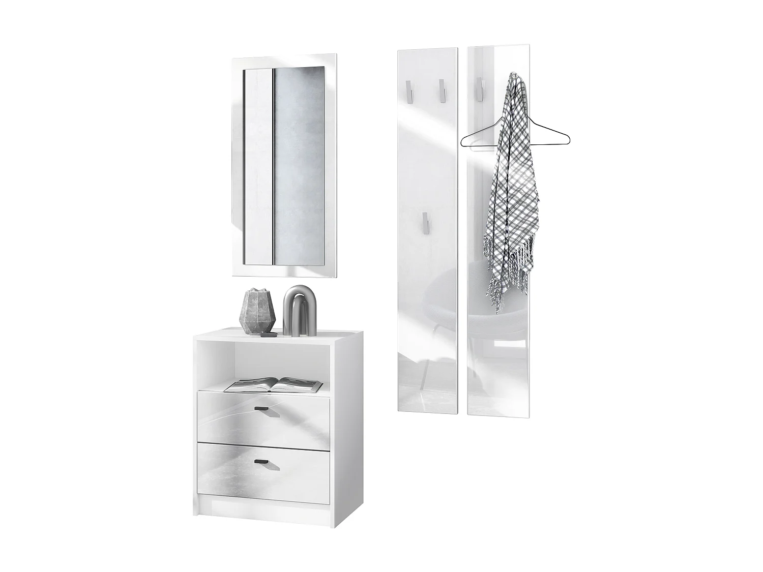 Ensemble de vestiaires Pino V1, 2 Panneaux muraux 140 cm et buffet avec 2 tiroirs & 1 compartiment ouvert, blanc mat/Blanc brillant (56 x 67,5 x 36 cm)