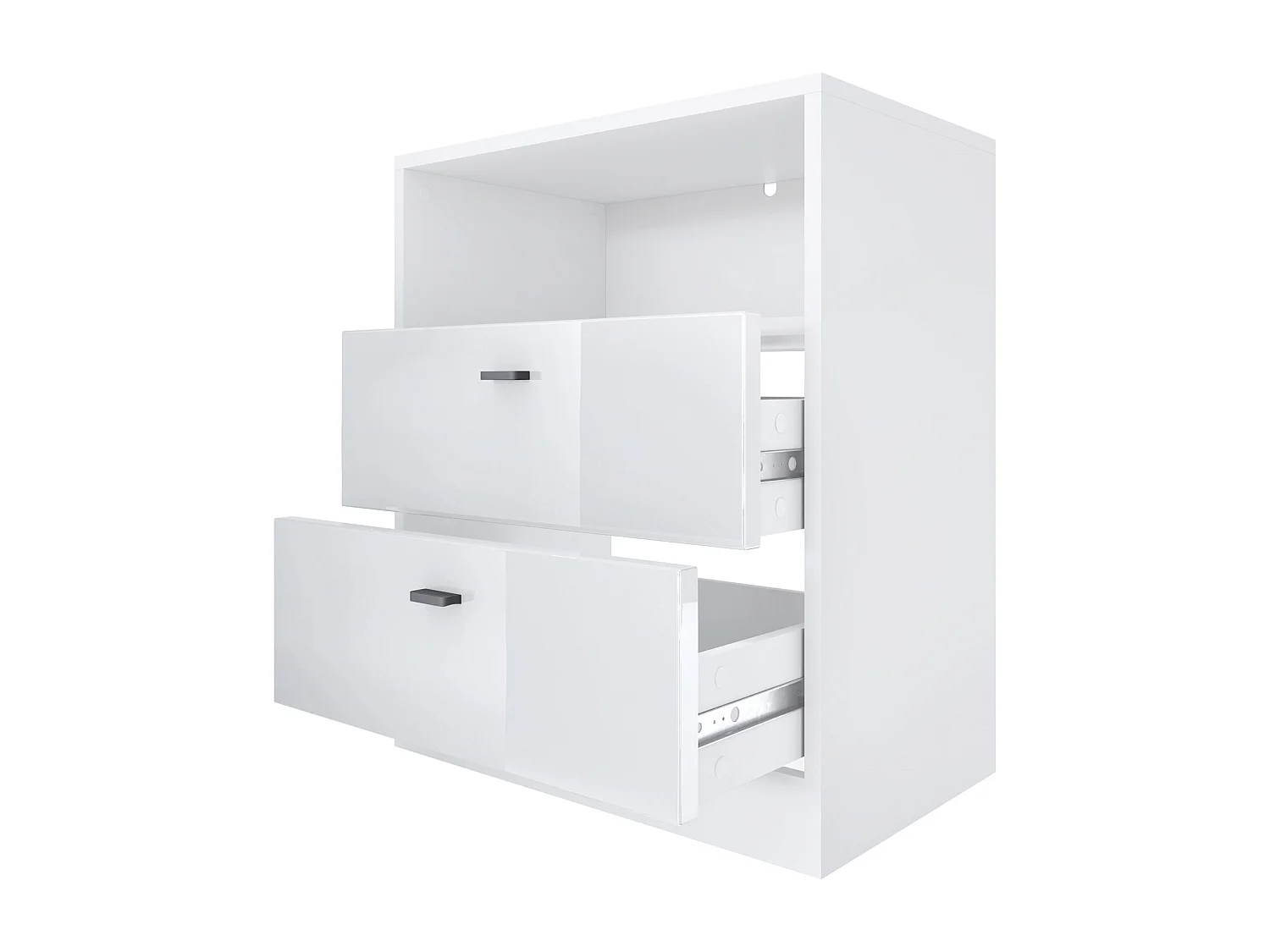 Ensemble de vestiaires Pino V1, 2 Panneaux muraux 140 cm et buffet avec 2 tiroirs & 1 compartiment ouvert, blanc mat/Blanc brillant (56 x 67,5 x 36 cm)