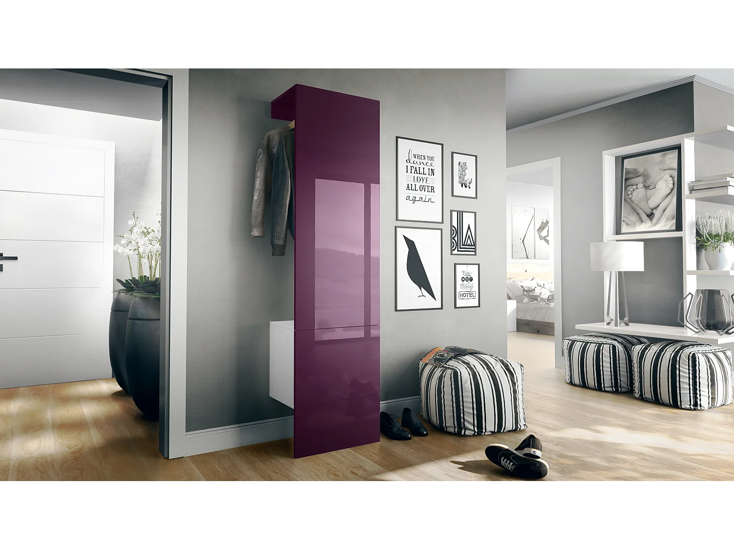 Penderie Carlton Set 5, Meuble d’entrée comprenant 1 panneau porte-manteau avec porte intégrée et 1 tringle, Blanc mat/mûre brillant (52 x 193 x 35 cm)