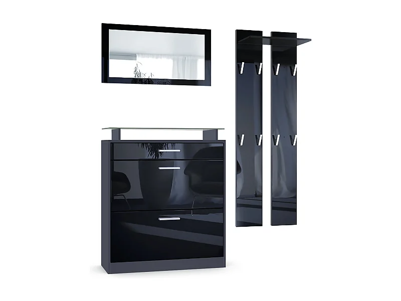 Vladon Conjunto de guardarropa Loret Mini, zapatero 89 x 101 x 23 cm, incluido espejo, 2 paneles de pared, antracita mate y Negro de alto brillo