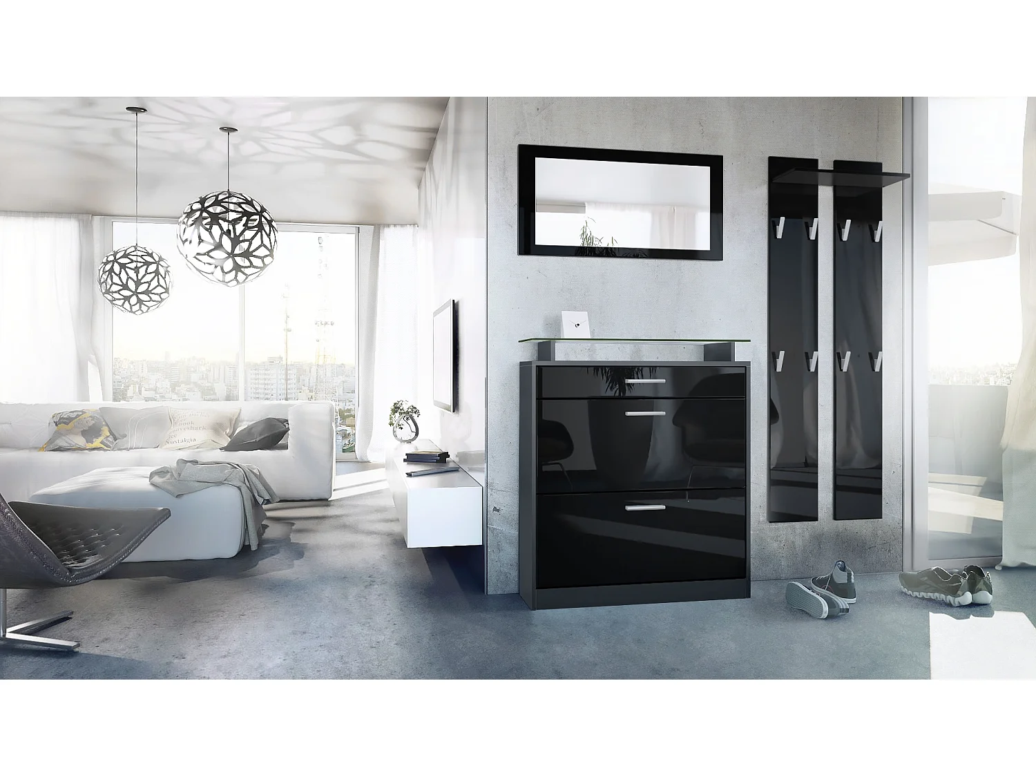 Loret Ensemble penderie, meuble à chaussures 89 x 104 x 23 cm avec miroir, 2 panneaux murales, Anthracite mat & Noir haute brillance