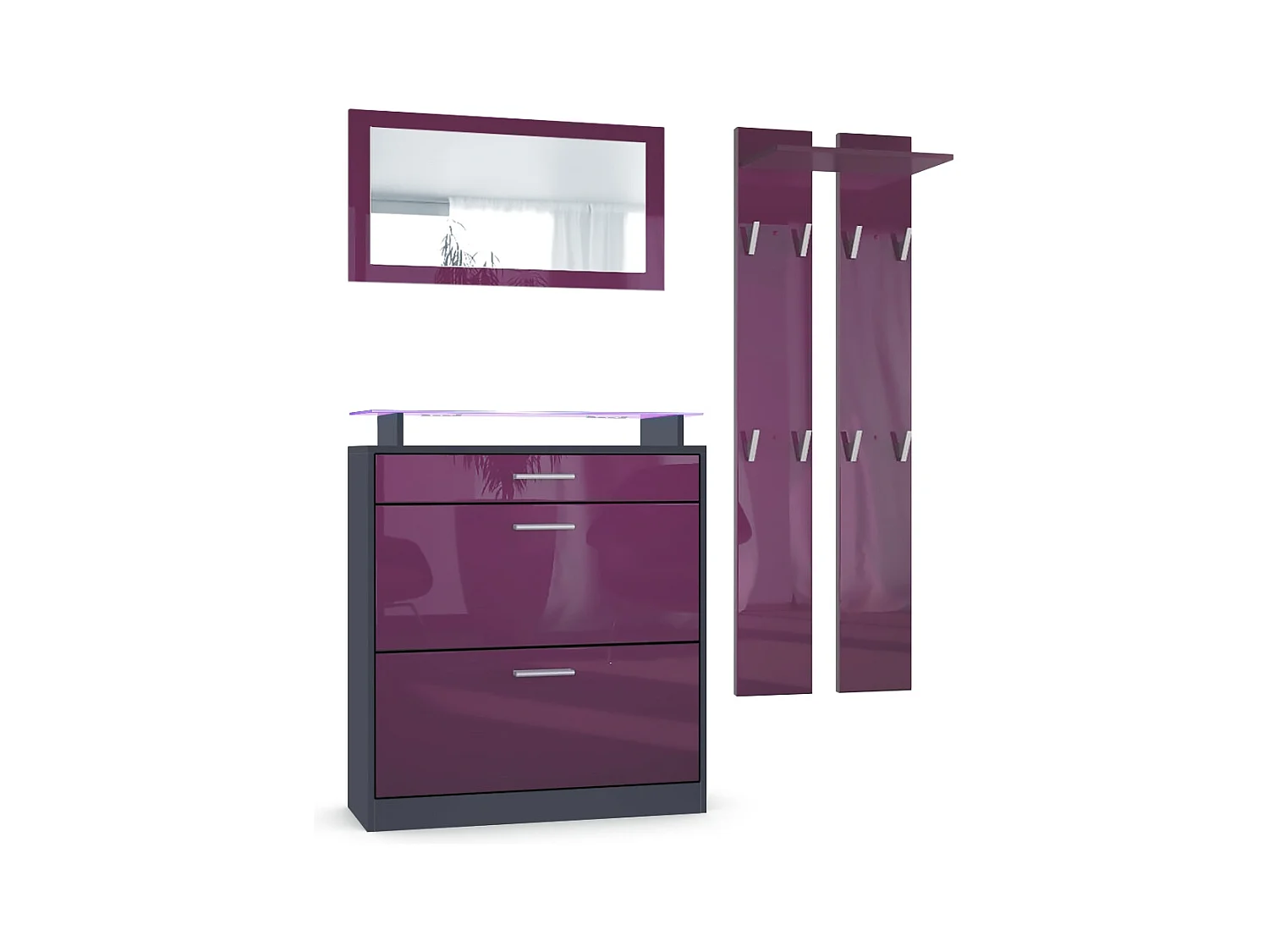 Loret Ensemble penderie, meuble à chaussures 89x104x23 cm avec miroir, 2 panneaux murales et éclairage LED, Anthracite mat & Mûre brillant