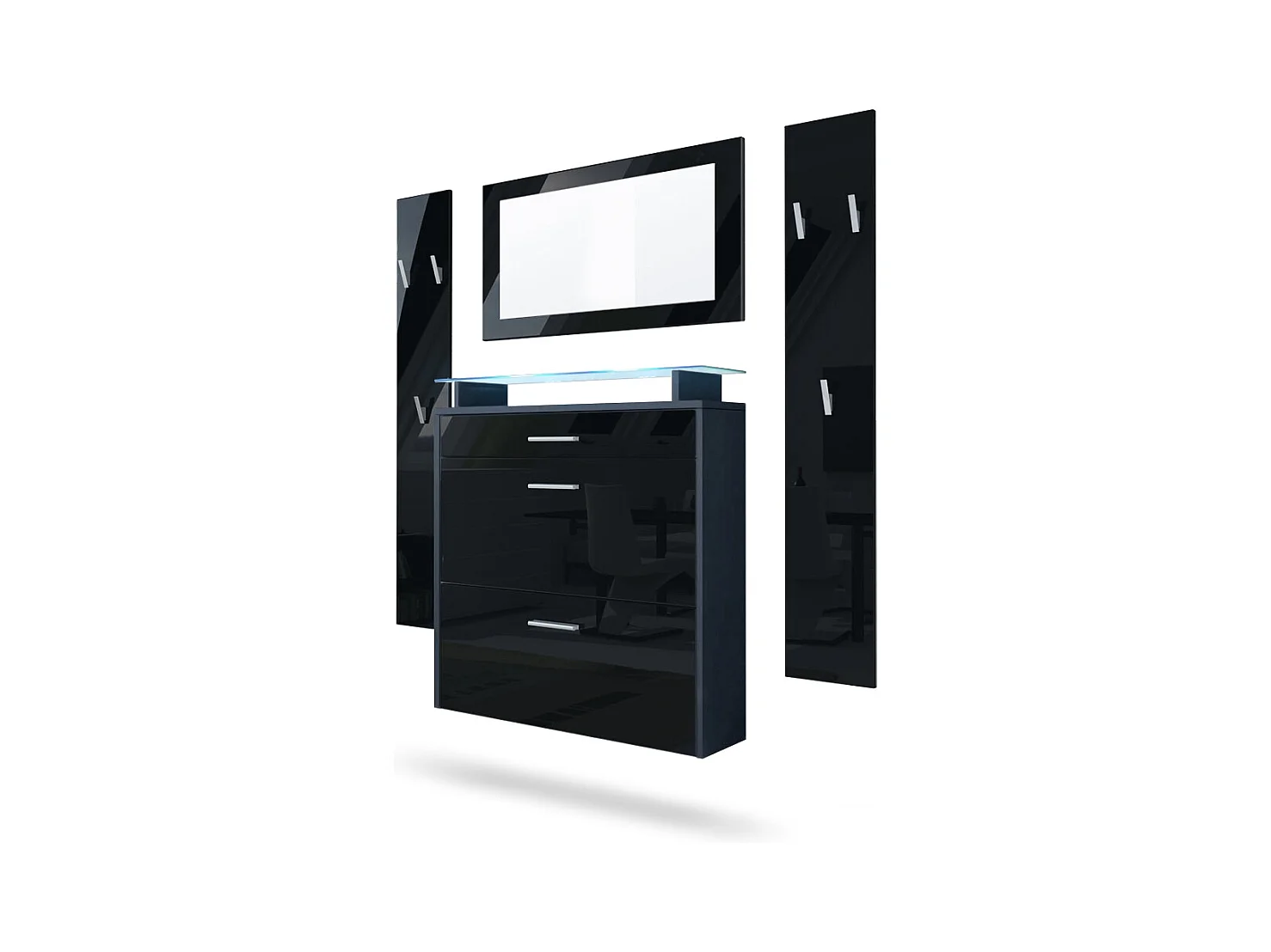 Penderie Malea, Meuble d’entrée comprenant 1 commode à chaussures murale, 1 miroir et 2 panneaux porte-manteaux, Anthracite mat/Noir brillant, LED bleu inclus
