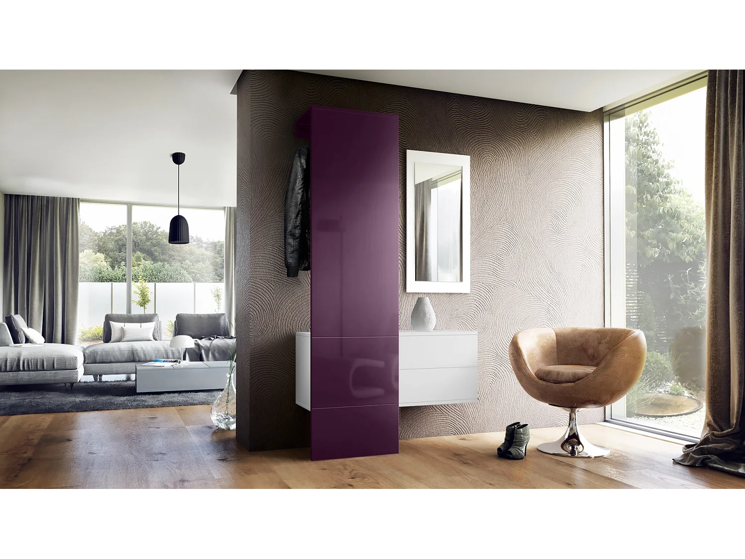 Penderie Carlton Set 2, Meuble d’entrée comprenant 1 panneau porte-manteau, 1 coffre à tiroir et 1 miroir mural, Blanc mat/mûre brillant (105 x 193 x 35 cm)