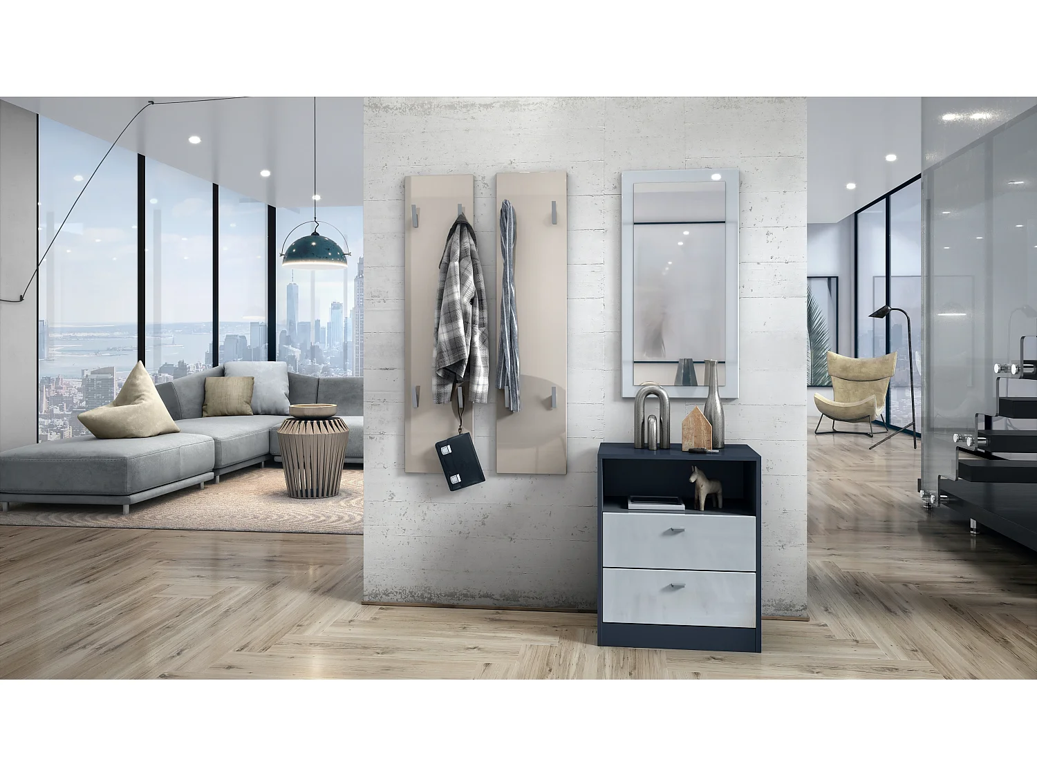 Panneau mural 120, Panneau de porte-manteau comprenant 2 panneaux, Gris sable haute brillance (28 x 120 x 2 cm chacun)