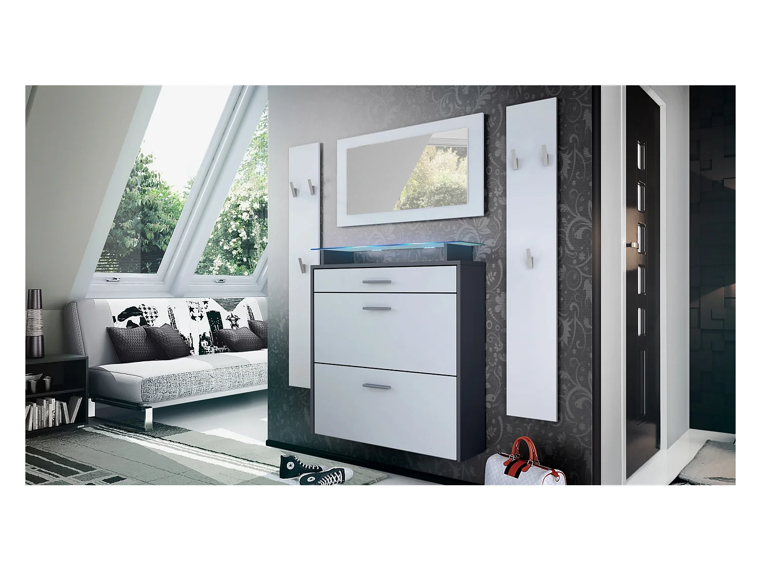 Penderie Malea, Meuble d’entrée comprenant 1 commode à chaussures murale, 1 miroir et 2 panneaux porte-manteaux, Anthracite mat/Blanc mat, LED bleu inclus