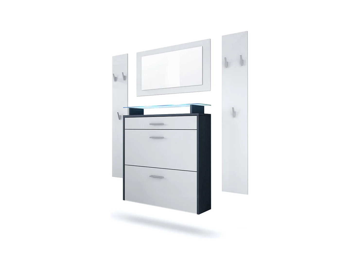 Penderie Malea, Meuble d’entrée comprenant 1 commode à chaussures murale, 1 miroir et 2 panneaux porte-manteaux, Anthracite mat/Blanc mat, LED bleu inclus