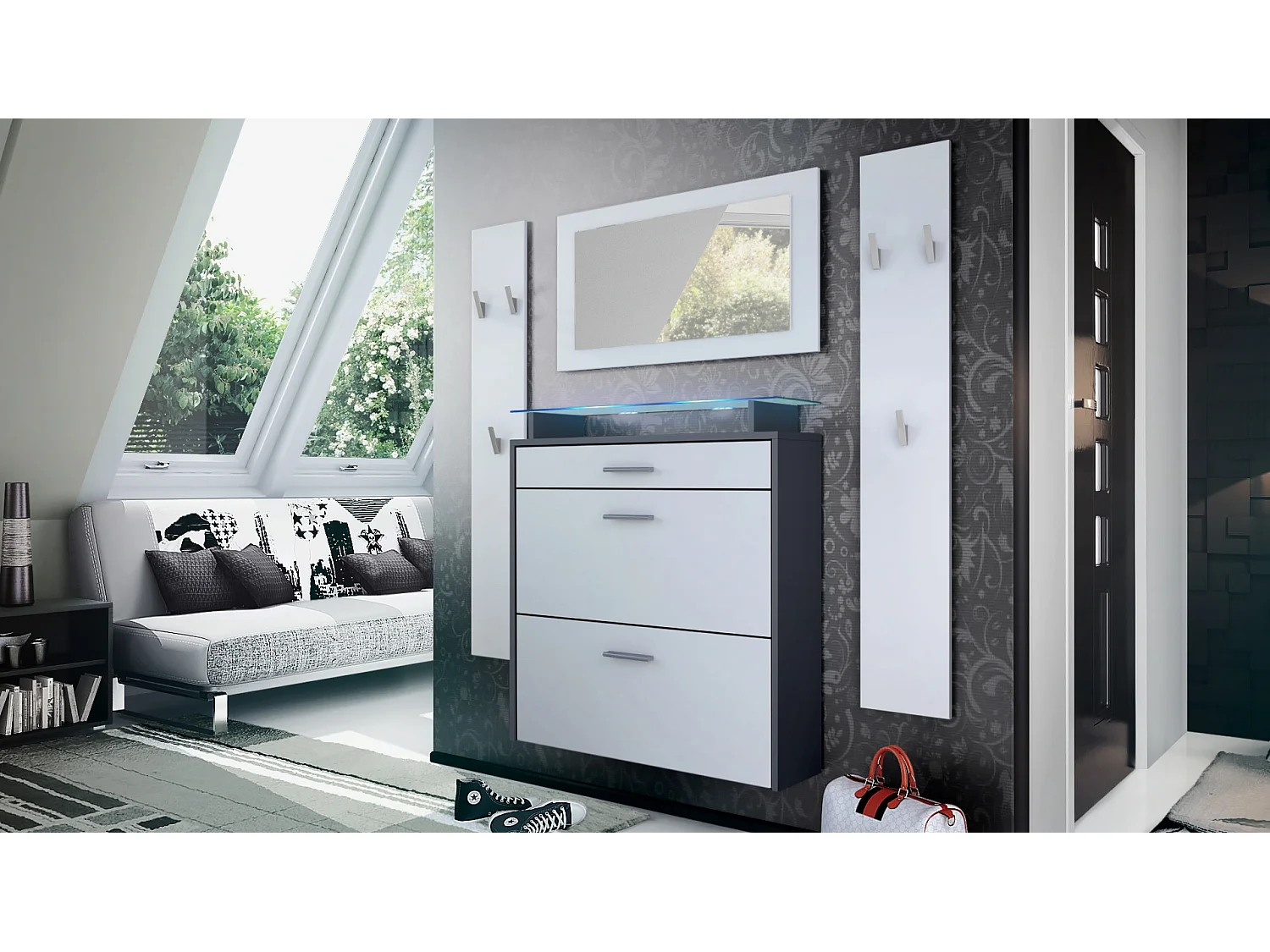 Penderie Malea, Meuble d’entrée comprenant 1 commode à chaussures murale, 1 miroir et 2 panneaux porte-manteaux, Anthracite mat/Blanc mat, LED bleu inclus