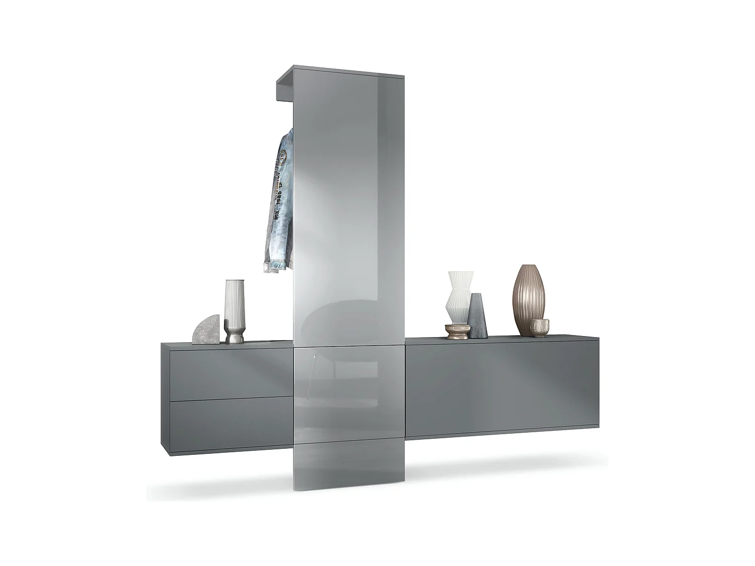 Armario de pared Carlton Set 1, Cuerpo en antracita mate / Panel en gris de alto brillo (208 x 193 x 35 cm)