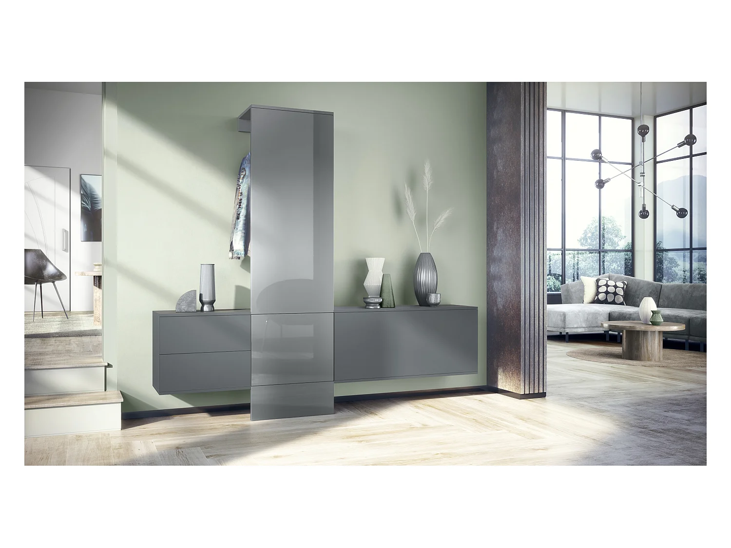 Armario de pared Carlton Set 1, Cuerpo en antracita mate / Panel en gris de alto brillo (208 x 193 x 35 cm)