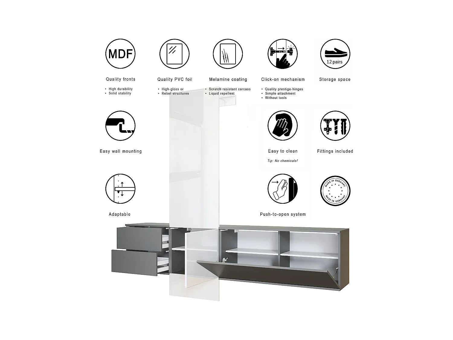 Armario de pared Carlton Set 1, Cuerpo en antracita mate / Panel en gris de alto brillo (208 x 193 x 35 cm)