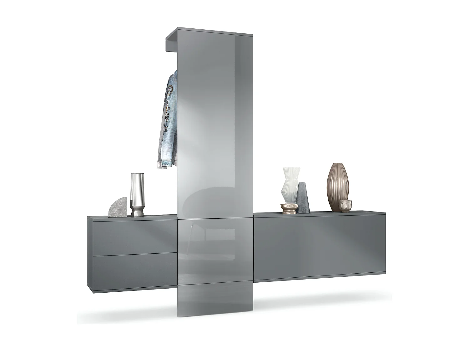 Vestiaire Garderobe Carlton Set 1, Corps en anthracite mat / Panneau portemanteau en gris haute brillance (208 x 193 x 35 cm)