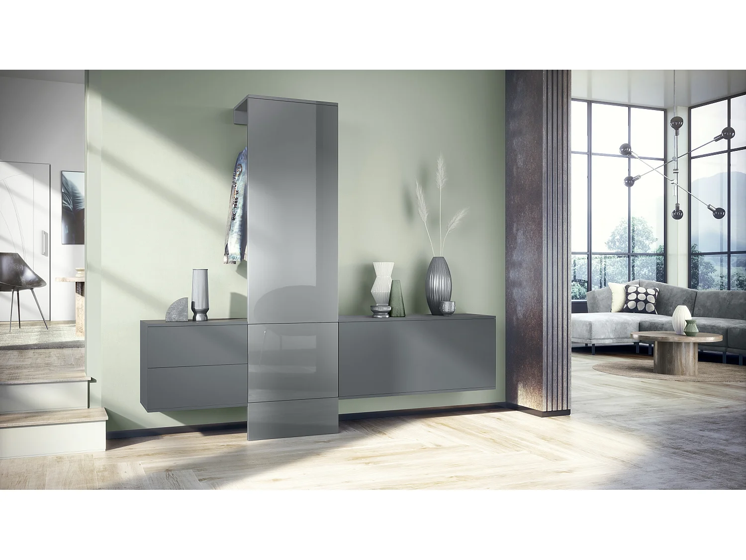 Vestiaire Garderobe Carlton Set 1, Corps en anthracite mat / Panneau portemanteau en gris haute brillance (208 x 193 x 35 cm)