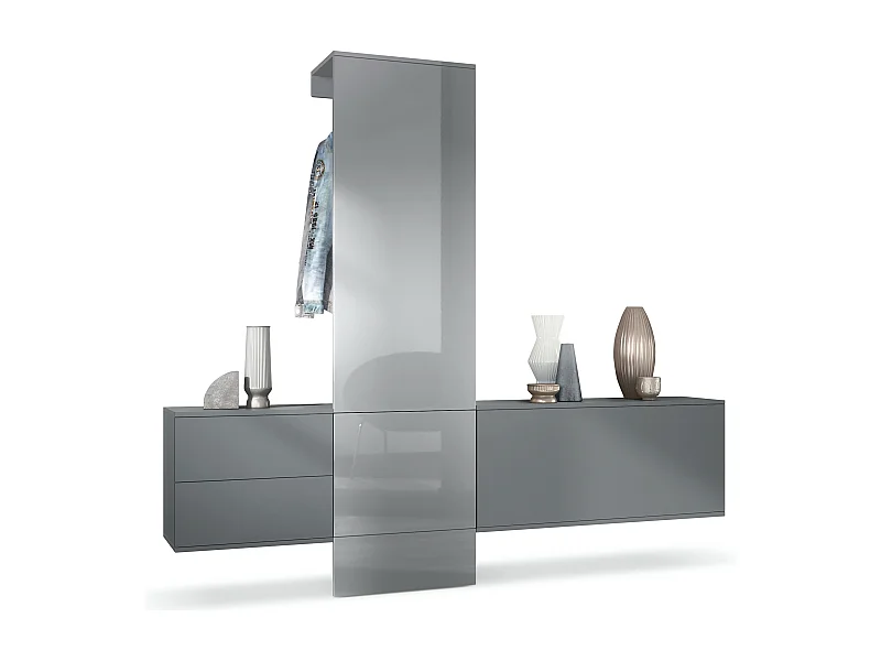 Vestiaire Garderobe Carlton Set 1, Corps en anthracite mat / Panneau portemanteau en gris haute brillance (208 x 193 x 35 cm)