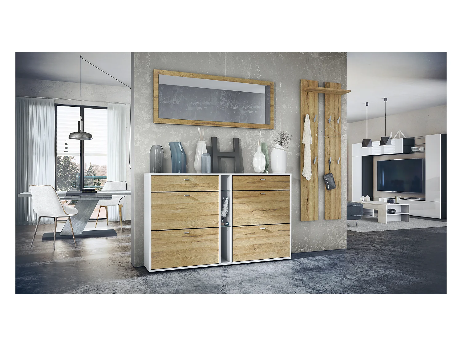 Ensemble vestiaire Orlando avec armoire à chaussures, panneau mural et miroir mural, blanc mat/chêne nature