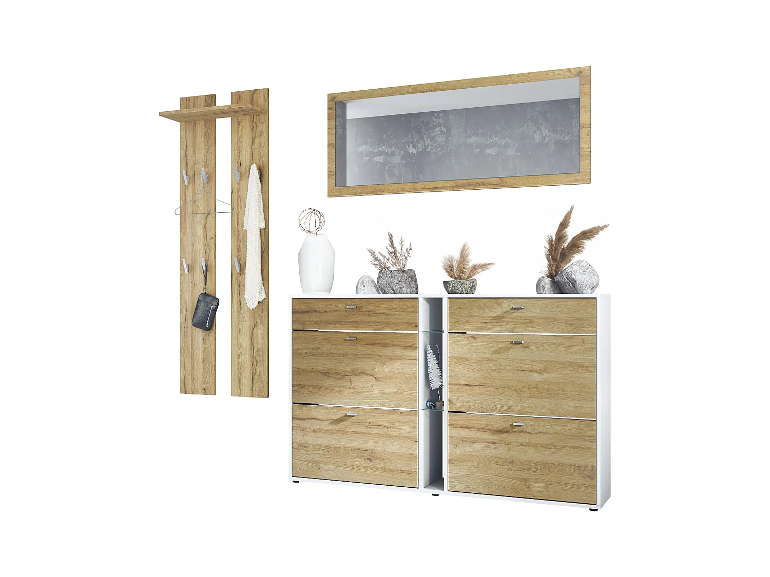 Ensemble vestiaire Orlando avec armoire à chaussures, panneau mural et miroir mural, blanc mat/chêne nature