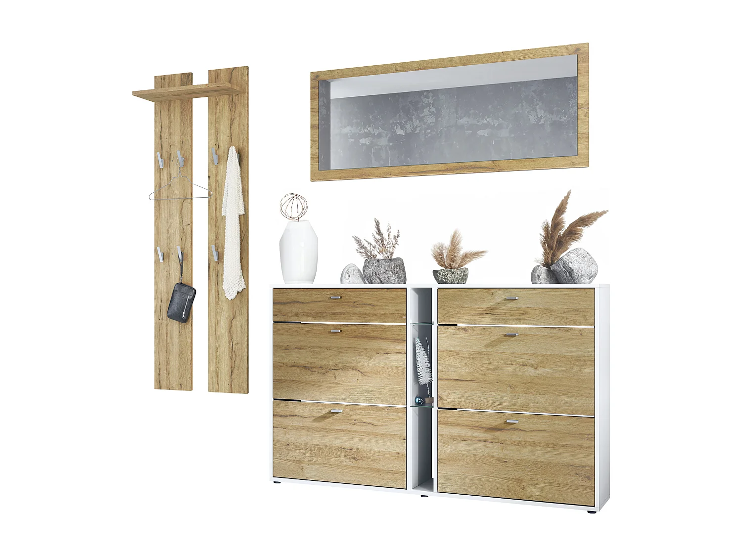 Ensemble vestiaire Orlando avec armoire à chaussures, panneau mural et miroir mural, blanc mat/chêne nature