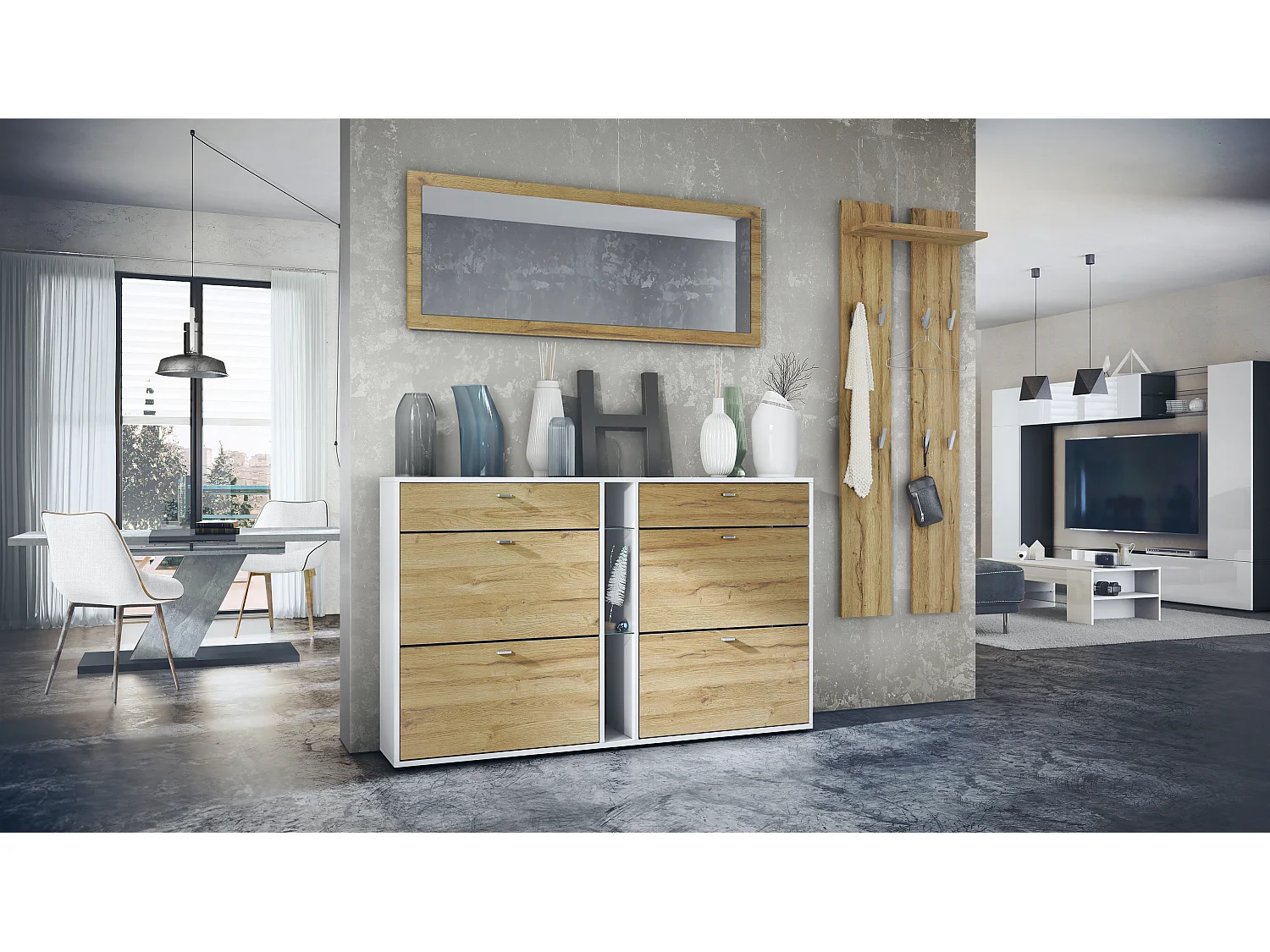 Ensemble vestiaire Orlando avec armoire à chaussures, panneau mural et miroir mural, blanc mat/chêne nature