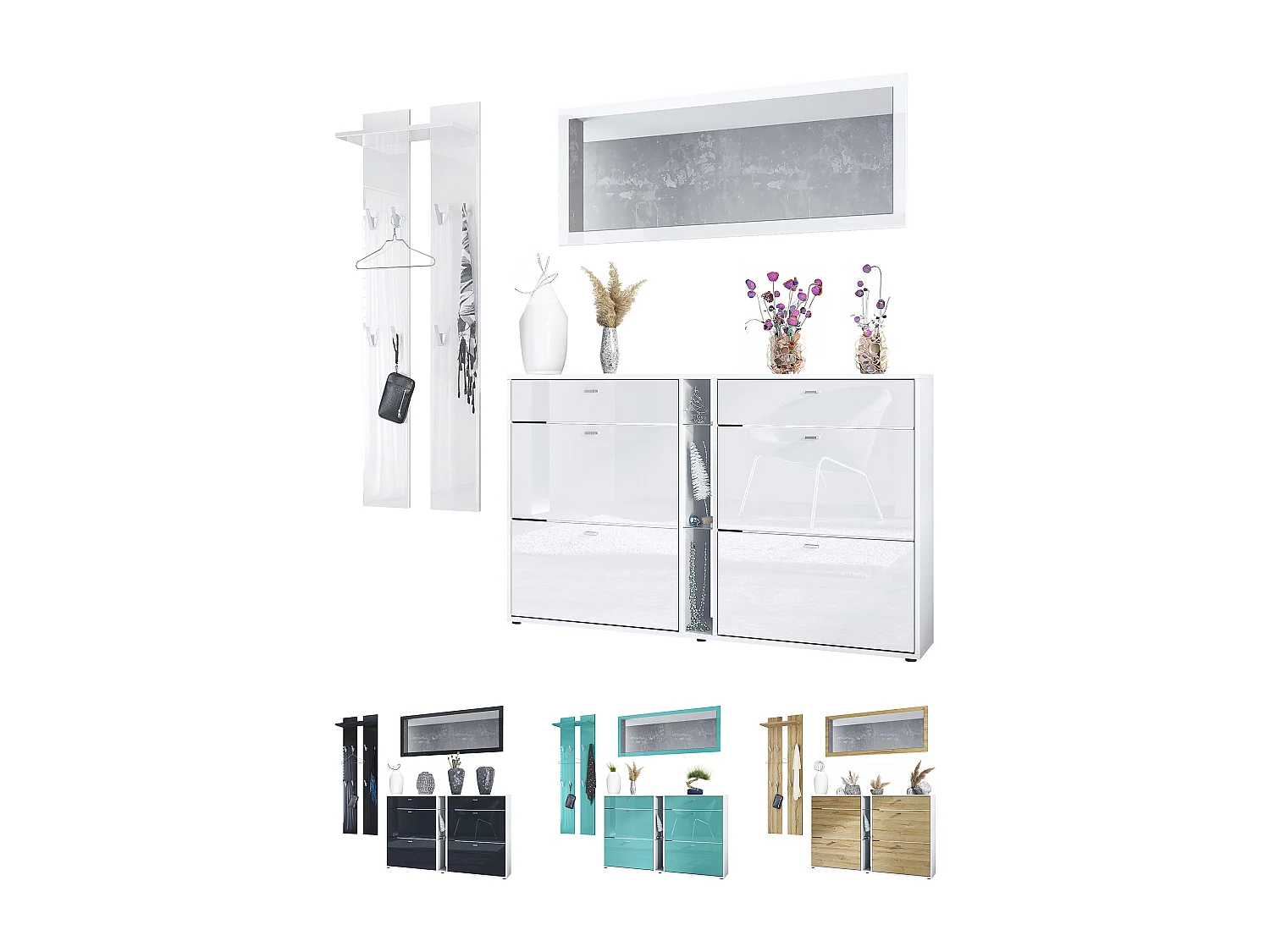 Ensemble vestiaire Orlando avec armoire à chaussures, panneau mural et miroir mural, blanc mat/chêne nature