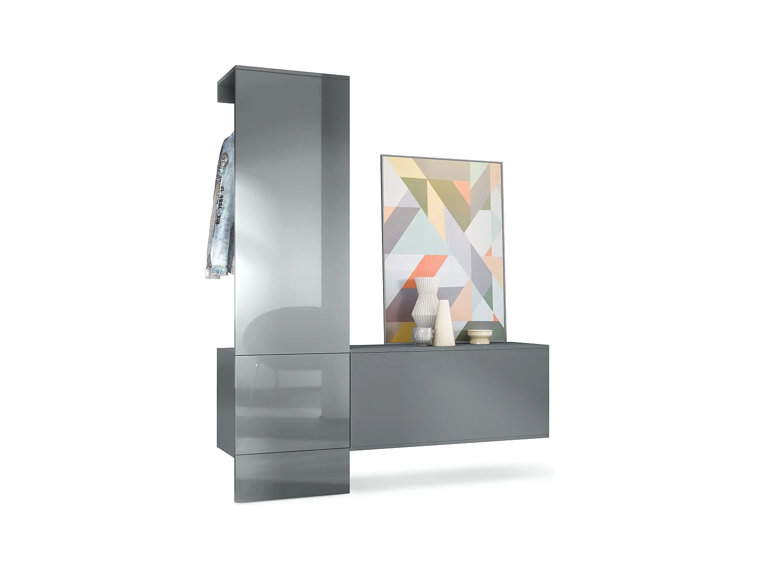 Penderie Carlton Set 4, Meuble d’entrée comprenant 1 panneau porte-manteaux, 1 module de commode, anthracite mat/gris haute brillance (156,5 x 193 x 35 cm)