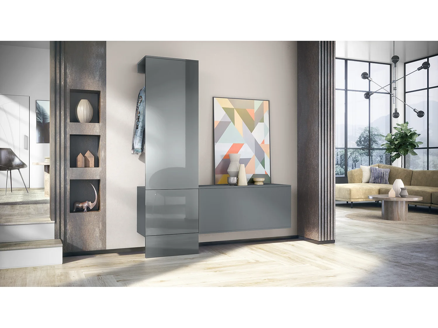 Penderie Carlton Set 4, Meuble d’entrée comprenant 1 panneau porte-manteaux, 1 module de commode, anthracite mat/gris haute brillance (156,5 x 193 x 35 cm)