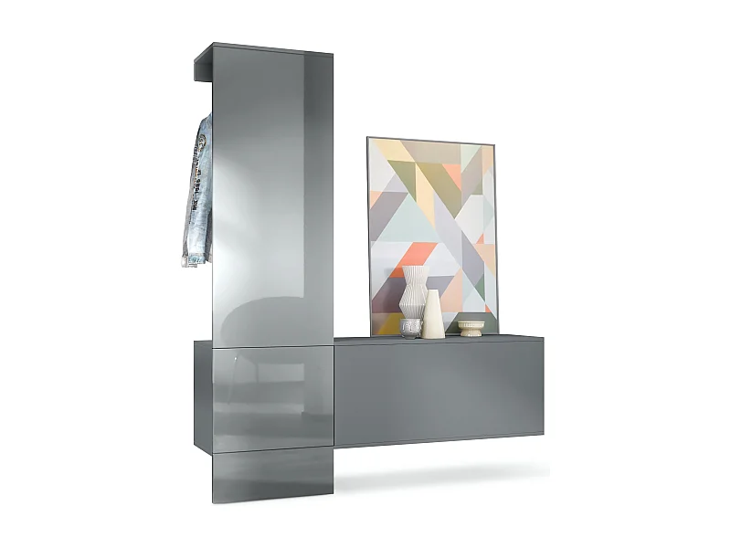 Penderie Carlton Set 4, Meuble d’entrée comprenant 1 panneau porte-manteaux, 1 module de commode, anthracite mat/gris haute brillance (156,5 x 193 x 35 cm)