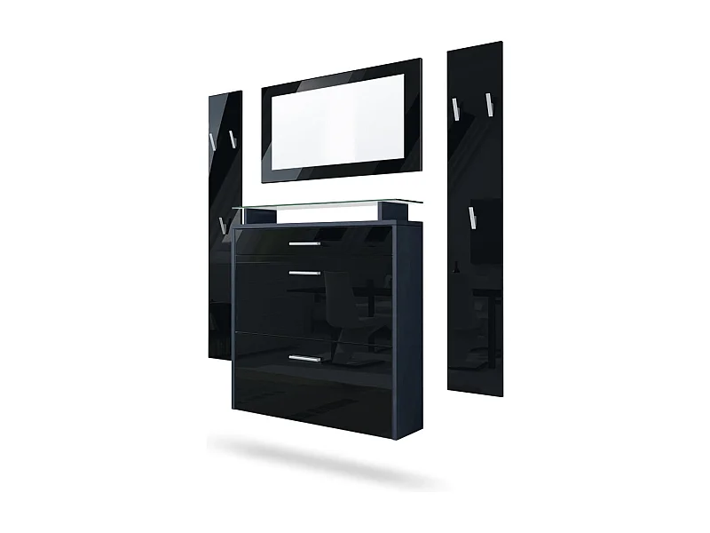 Malea Hallway Storage Set, Set da ingresso con 1 scarpiera a muro, 1 specchio a muro e 2 pannelli appendiabiti, antracite/ nero lucido