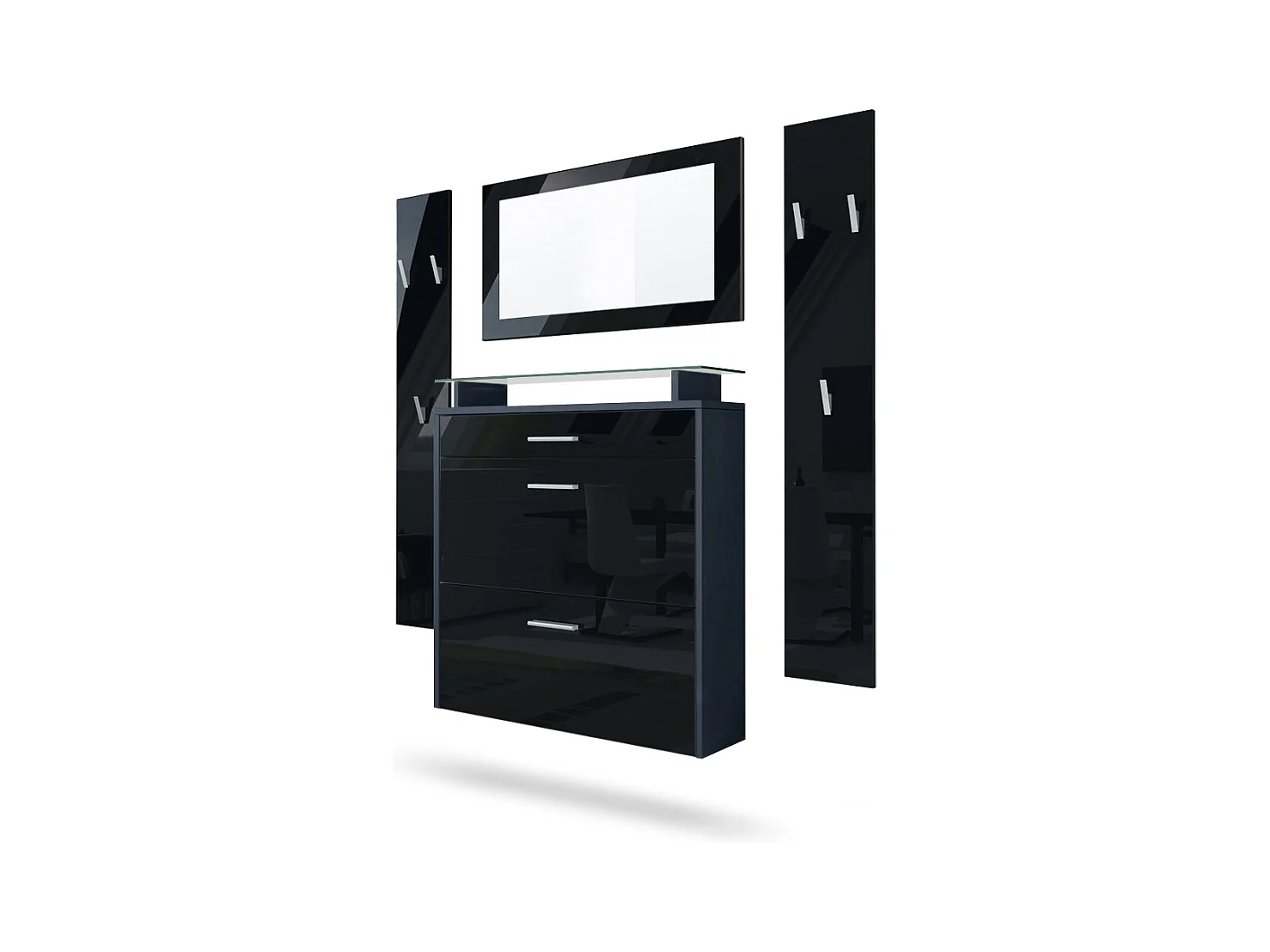Malea Hallway Storage Set, Set da ingresso con 1 scarpiera a muro, 1 specchio a muro e 2 pannelli appendiabiti, antracite/ nero lucido
