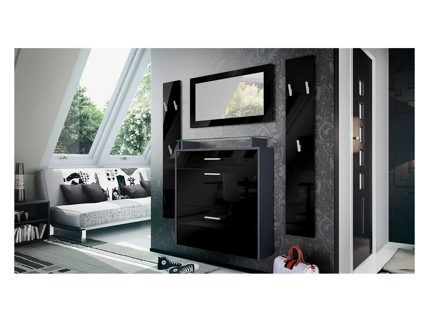 Malea Hallway Storage Set, Set da ingresso con 1 scarpiera a muro, 1 specchio a muro e 2 pannelli appendiabiti, antracite/ nero lucido