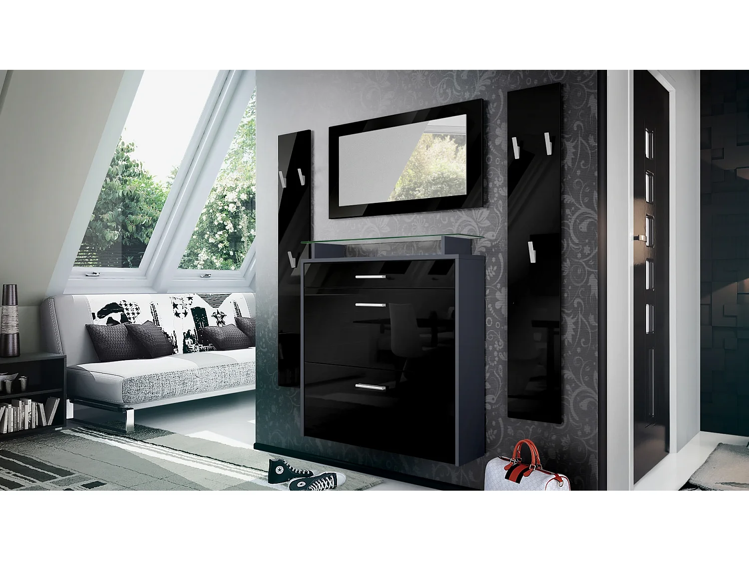 Penderie Malea, Meuble d’entrée comprenant 1 commode à chaussures murale, 1 miroir mural et 2 panneaux porte-manteaux, Anthracite mat/Noir haute brillance