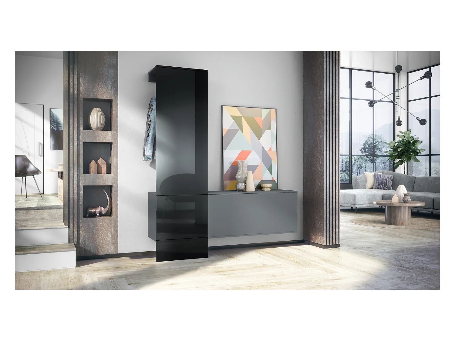 Penderie Carlton Set 4, Meuble d’entrée comprenant 1 panneau porte-manteaux, 1 module de commode, anthracite mat/noir haute brillance (156,5 x 193 x 35 cm)