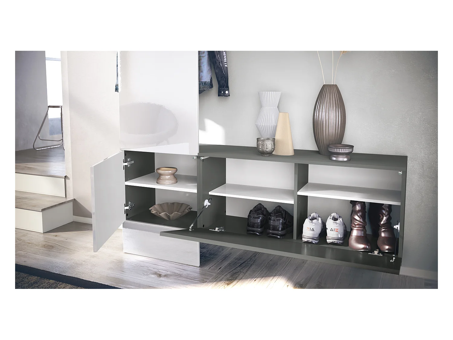 Penderie Carlton Set 4, Meuble d’entrée comprenant 1 panneau porte-manteaux, 1 module de commode, anthracite mat/noir haute brillance (156,5 x 193 x 35 cm)