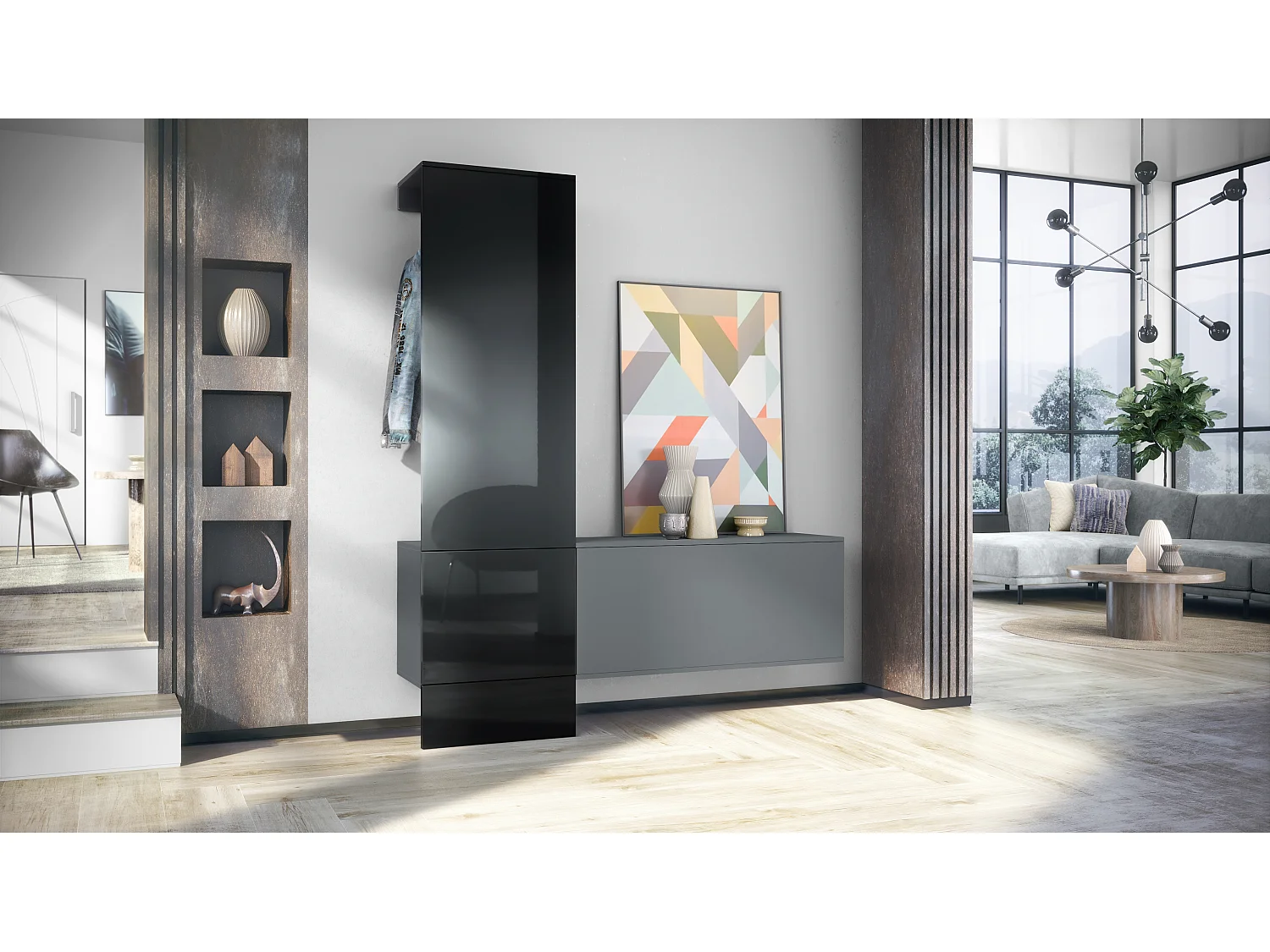 Penderie Carlton Set 4, Meuble d’entrée comprenant 1 panneau porte-manteaux, 1 module de commode, anthracite mat/noir haute brillance (156,5 x 193 x 35 cm)