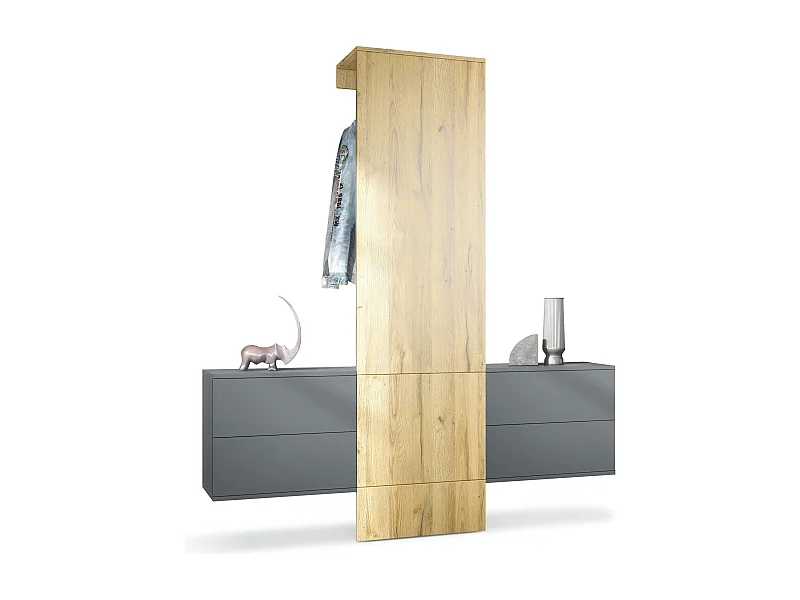 Armadio per corridoio Appendiabiti Carlton Set 3, Struttura in antracite opaco  / Pannello in rovere naturale (157 x 193 x 35 cm)