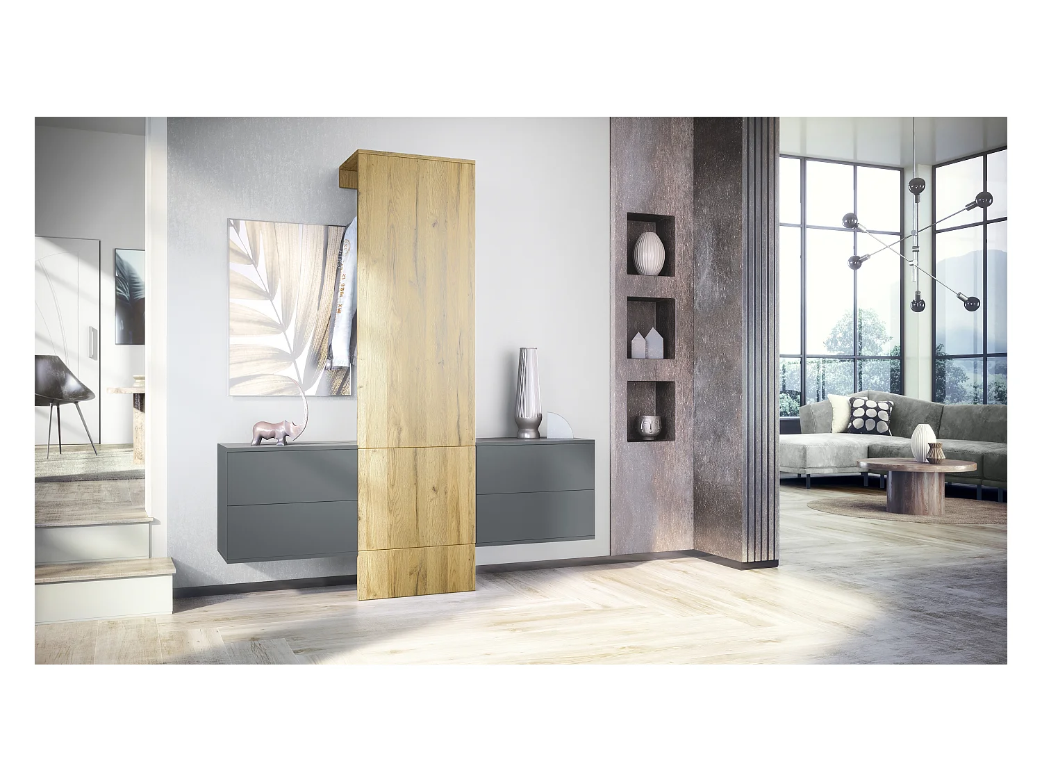 Armario de pared Carlton Set 3, Cuerpo en antracita mate / Panel en roble natural (157 x 193 x 35 cm)
