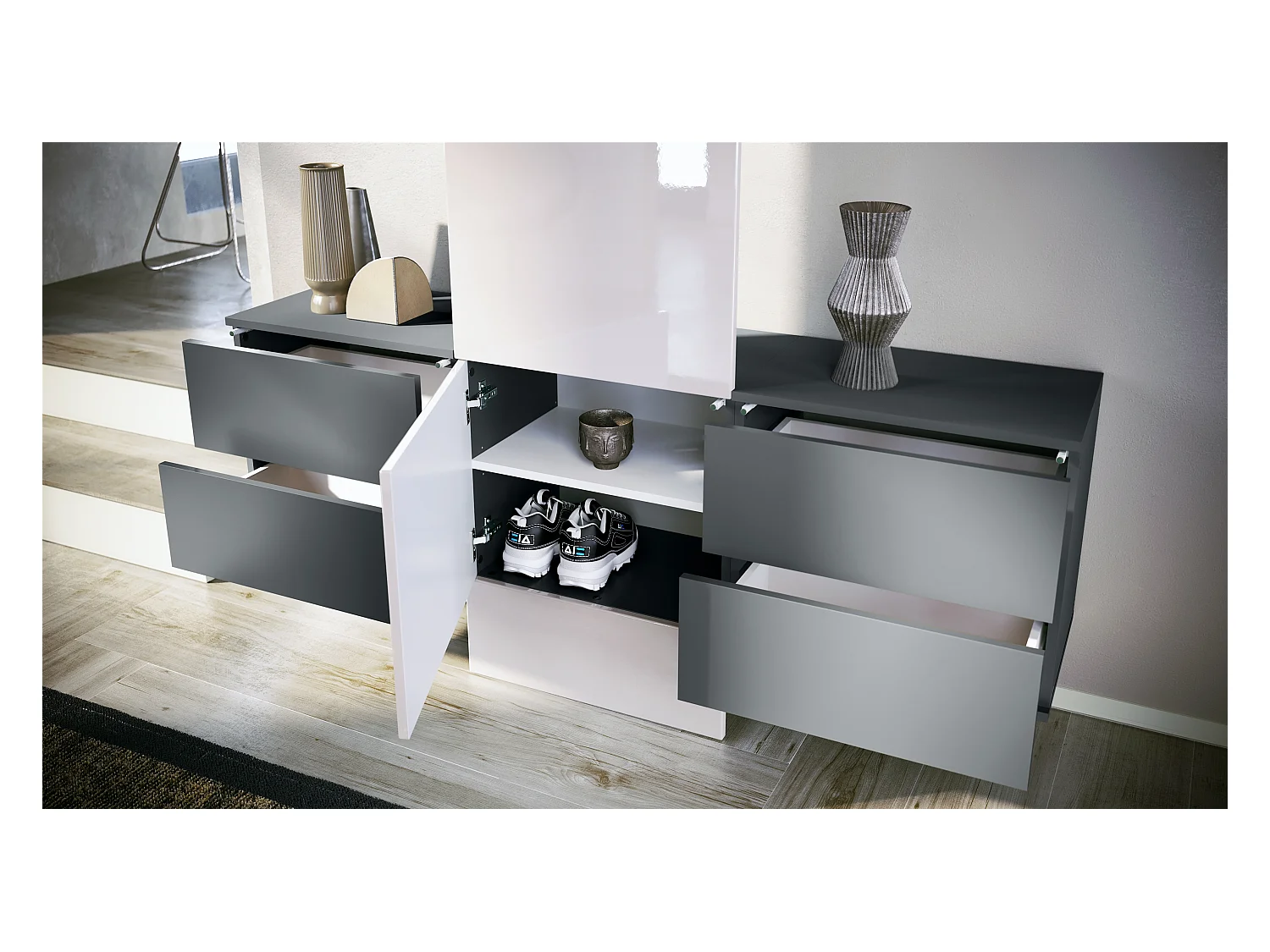 Armario de pared Carlton Set 3, Cuerpo en antracita mate / Panel en roble natural (157 x 193 x 35 cm)