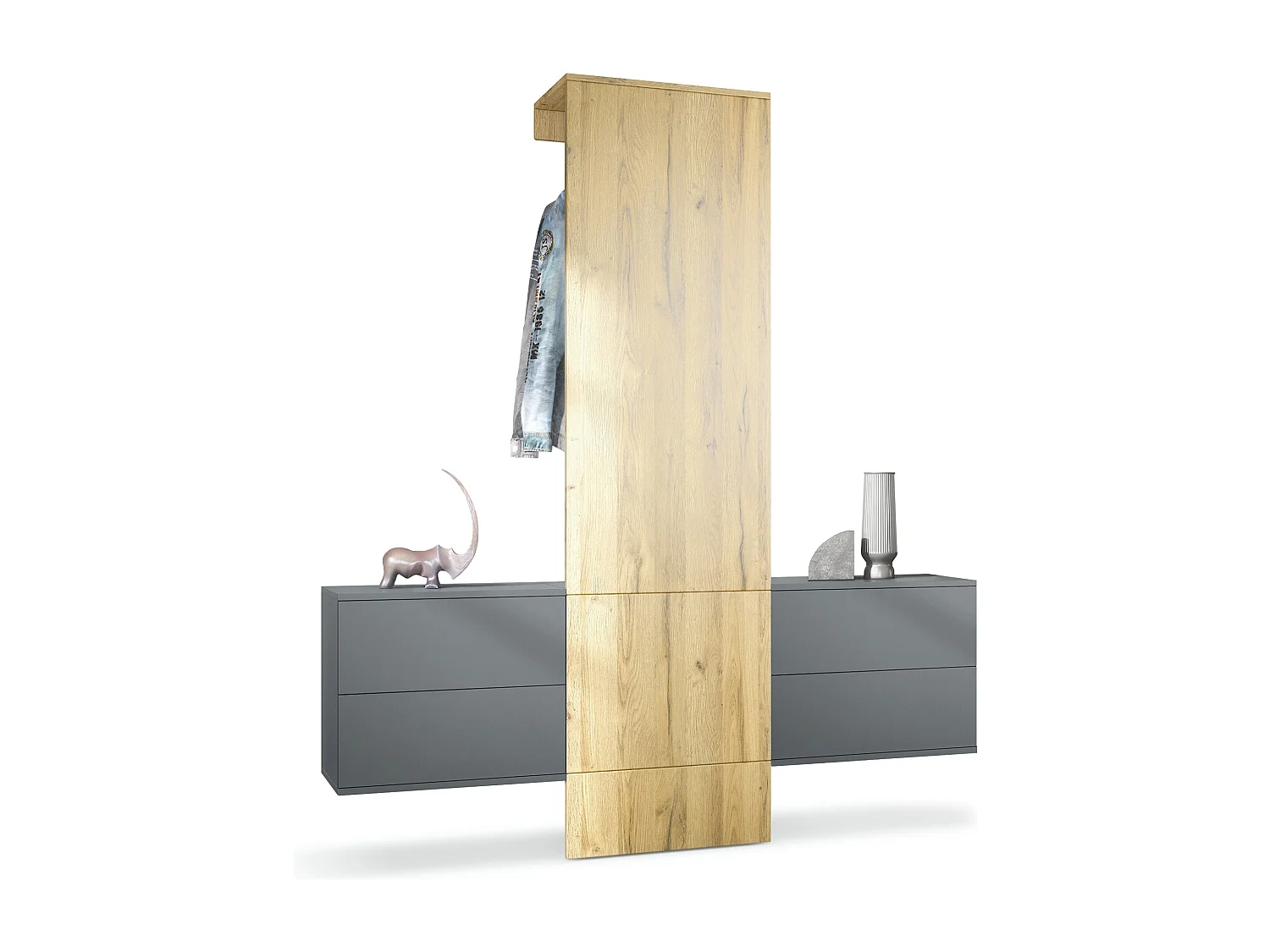 Vestiaire Garderobe Carlton Set 3, Corps en anthracite mat / Panneau portemanteau en chêne nature (157 x 193 x 35 cm)