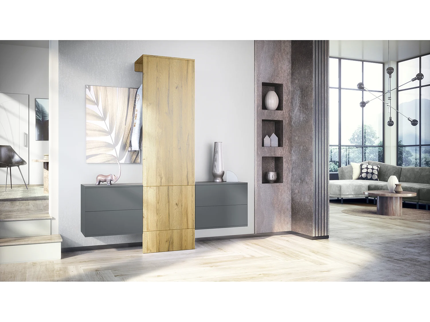 Vestiaire Garderobe Carlton Set 3, Corps en anthracite mat / Panneau portemanteau en chêne nature (157 x 193 x 35 cm)