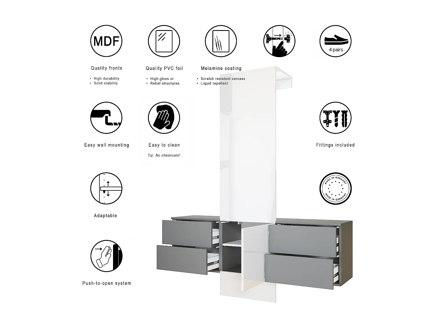 Vestiaire Garderobe Carlton Set 3, Corps en anthracite mat / Panneau portemanteau en chêne nature (157 x 193 x 35 cm)